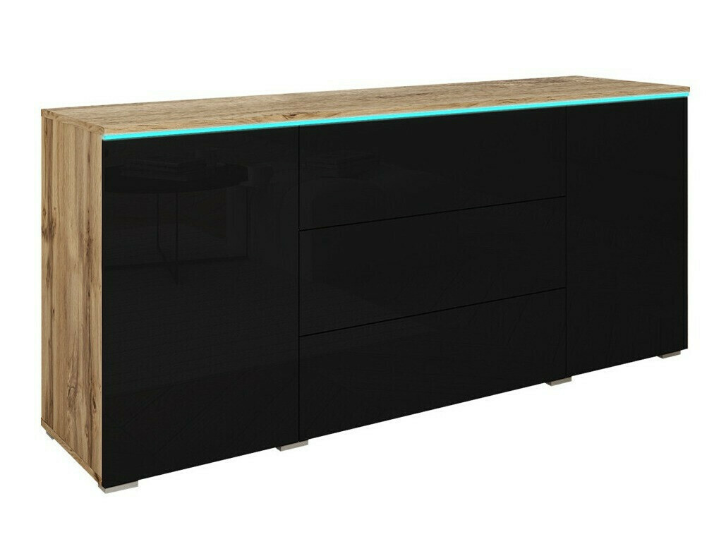 Ladekast Sarasota 142 (Wotan eik + Glanzend zwart)