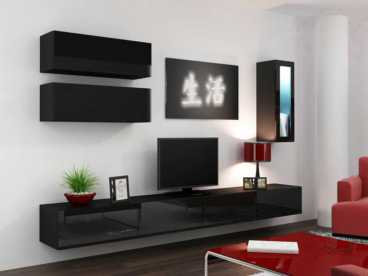 Woonkamerset Venenou 137 (Zwart + Glanzend zwart)
