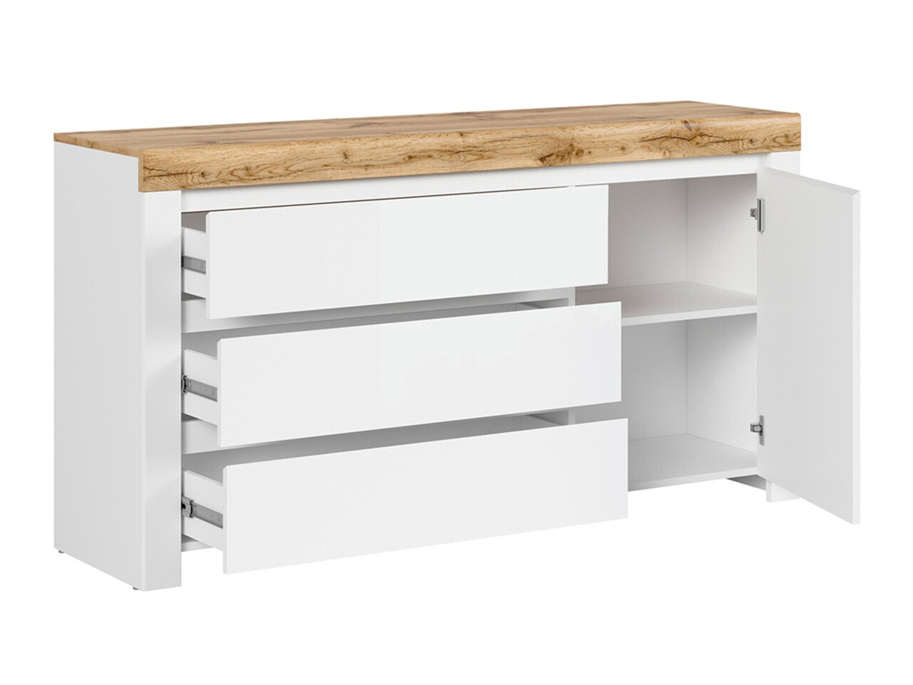 Ladekast Sonsoru 100 (Wit + Glanzend wit + Wotan eik)