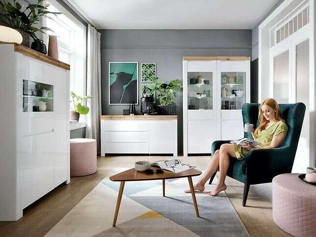 Ladekast Sonsoru 100 (Wit + Glanzend wit + Wotan eik)