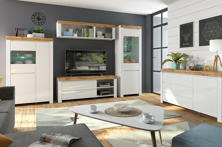 Ladekast Sonsoru 100 (Wit + Glanzend wit + Wotan eik)