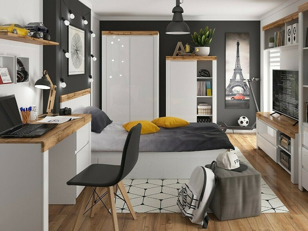 Kledingkast Sonsoru 110 (Wit + Glanzend wit + Wotan eik)