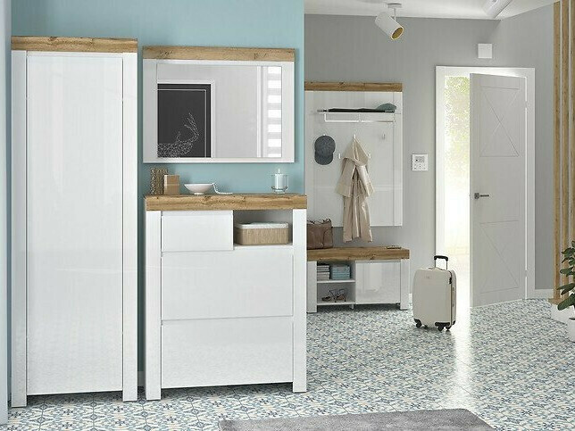 Kledingkast Sonsoru 117 (Wit + Glanzend wit + Wotan eik)