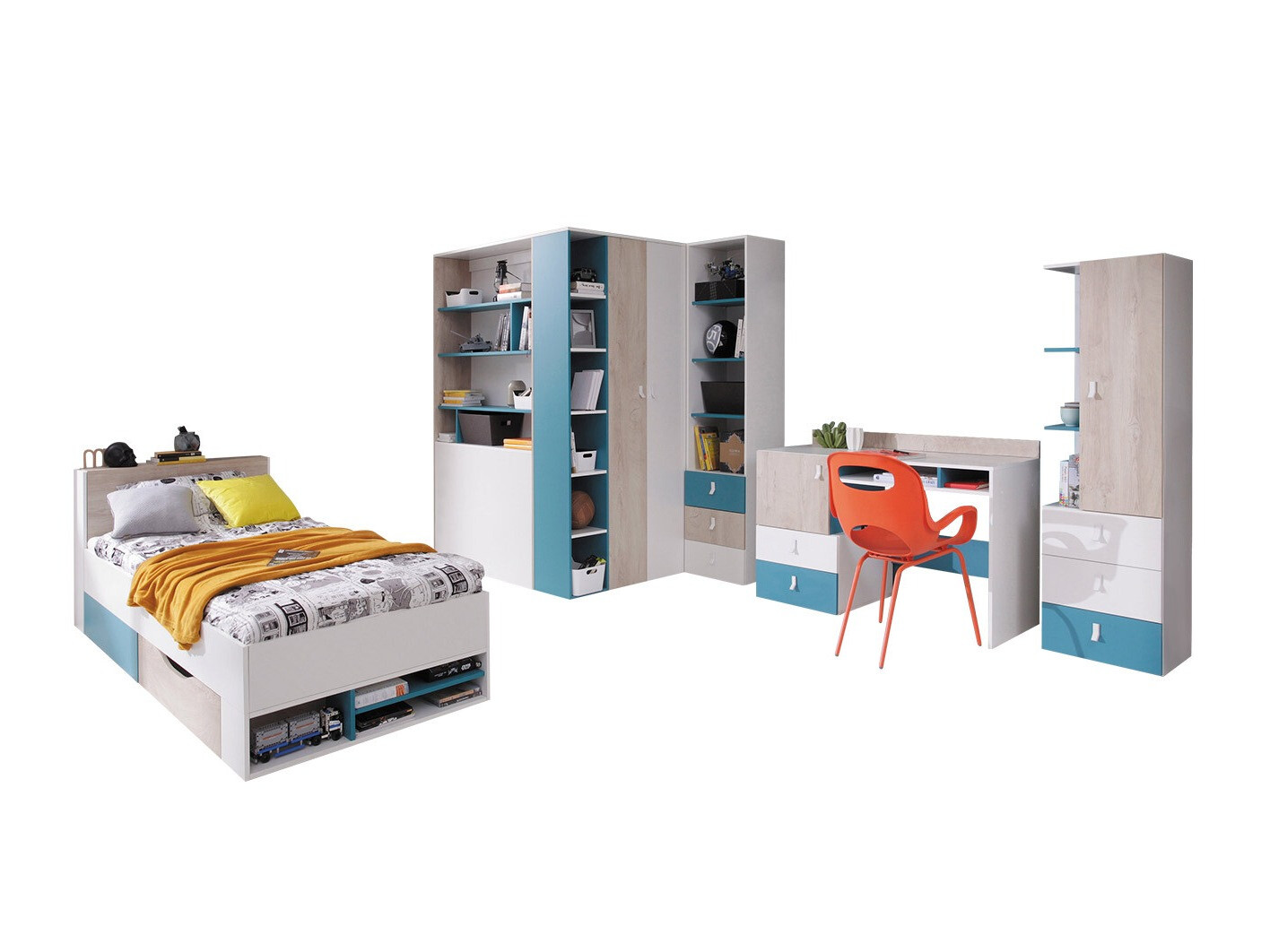 De reeks van de kinderkamer Camteso 115 (Wit + Eiken + Turquoise)