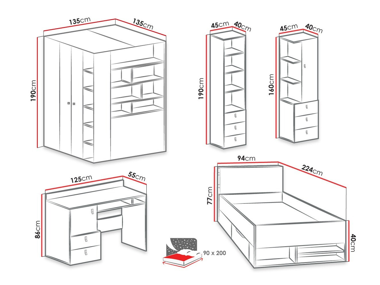 De reeks van de kinderkamer Camteso 115 (Wit + Eiken + Turquoise)