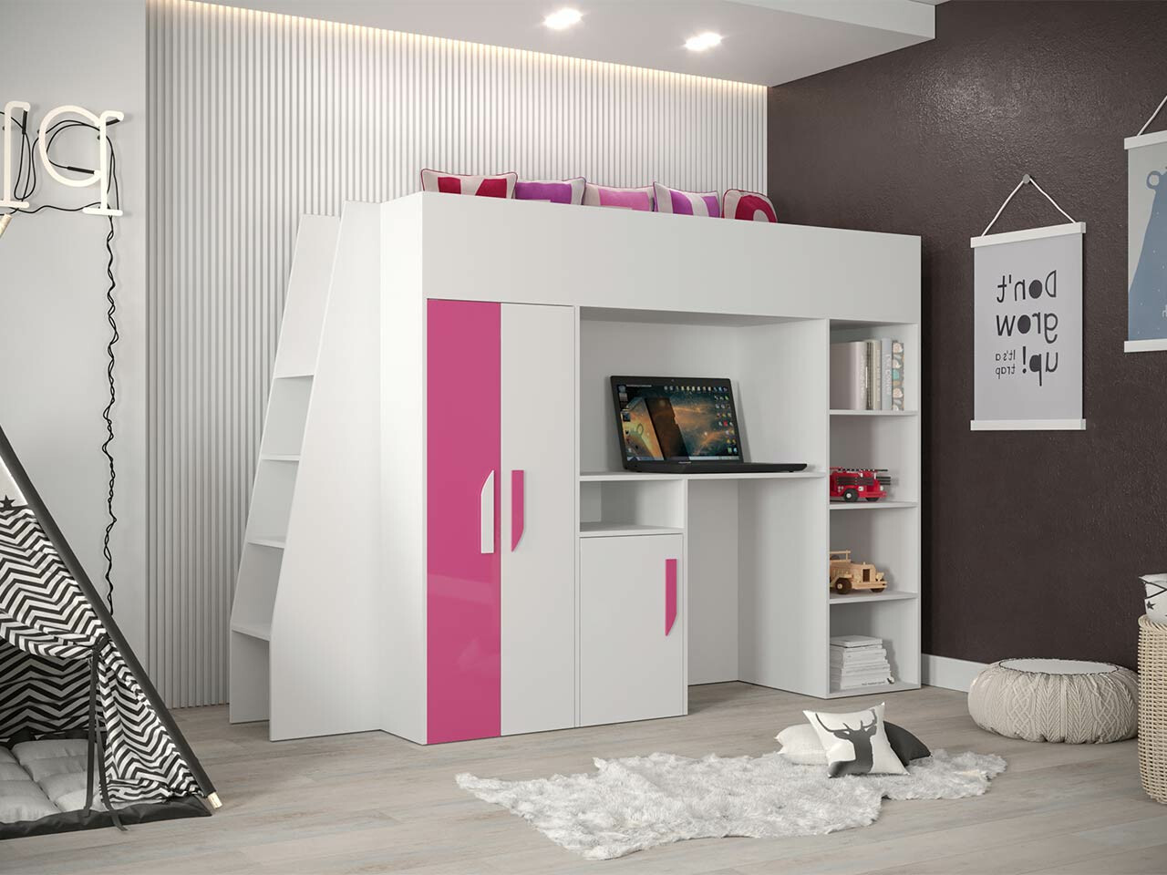 Hoog bed Hartford 355 (Wit + Glanzend roze + Glanzend wit)