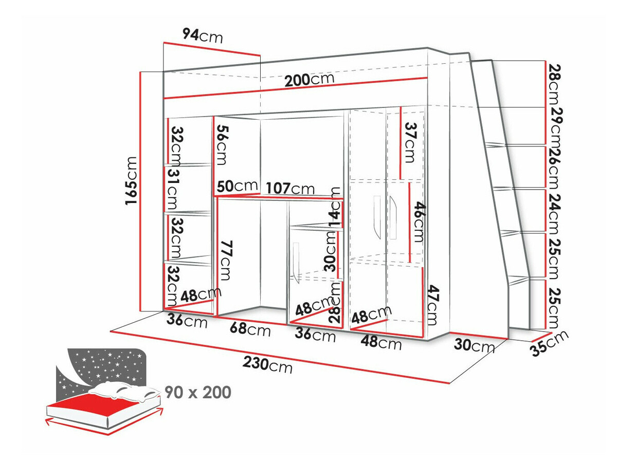 Hoog bed Hartford 355 (Wit + Glanzend roze + Glanzend wit)
