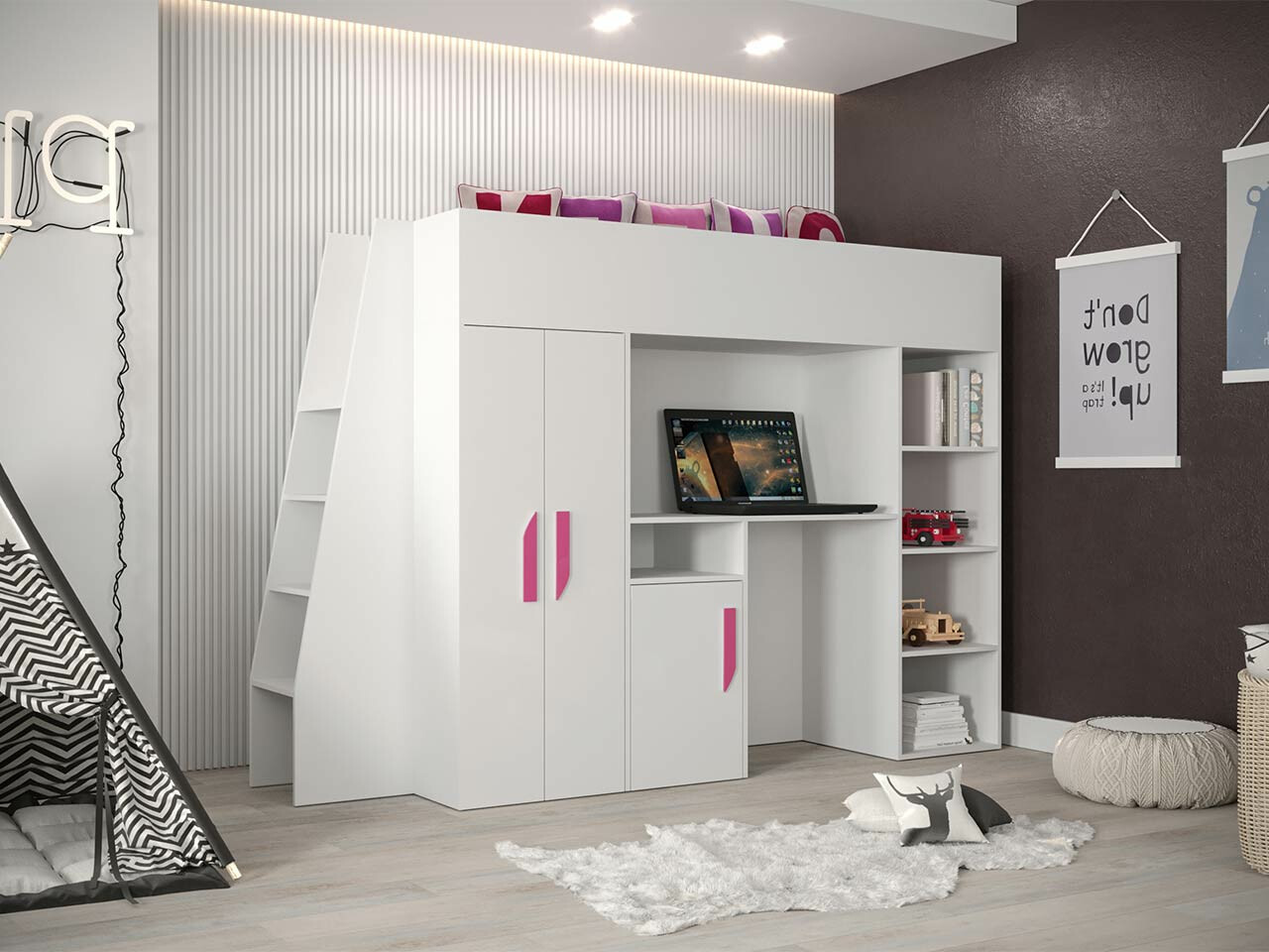 Hoog bed Hartford 355 (Wit + Glanzend wit + Roze)