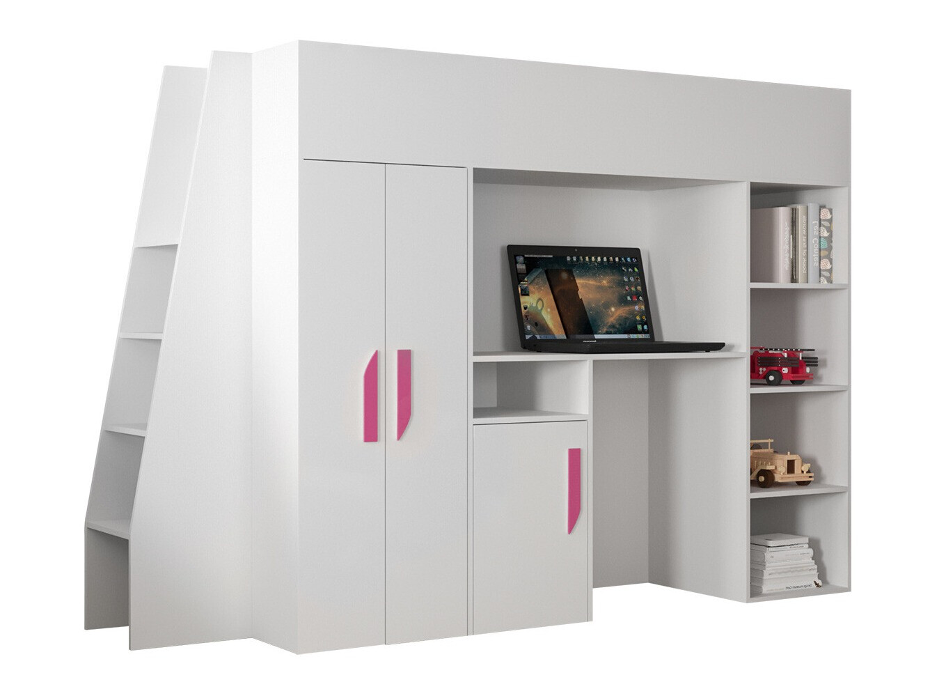 Hoog bed Hartford 355 (Wit + Glanzend wit + Roze)