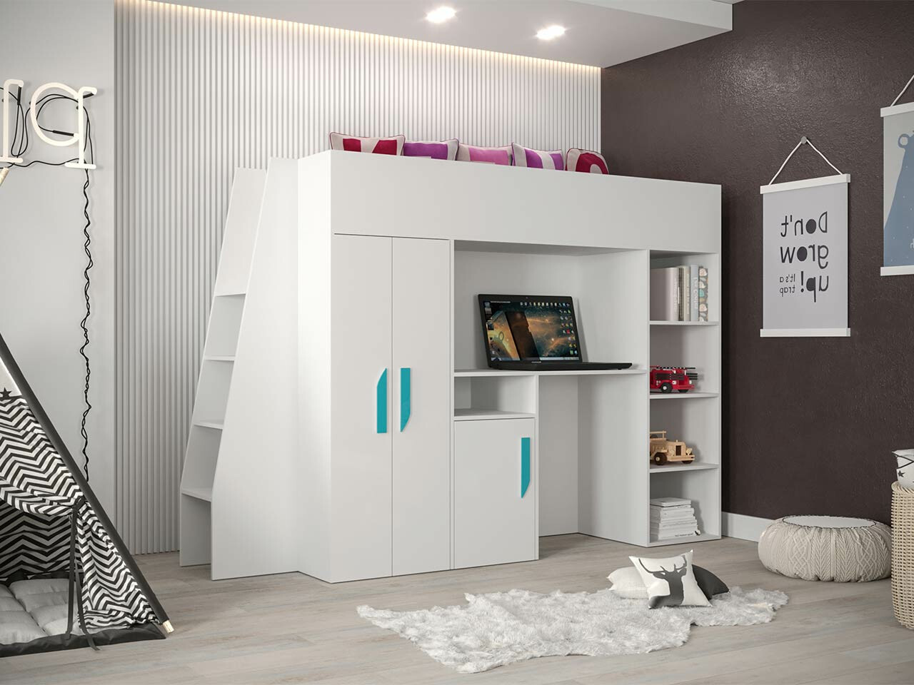 Hoog bed Hartford 355 (Wit + Glanzend wit + Turquoise)