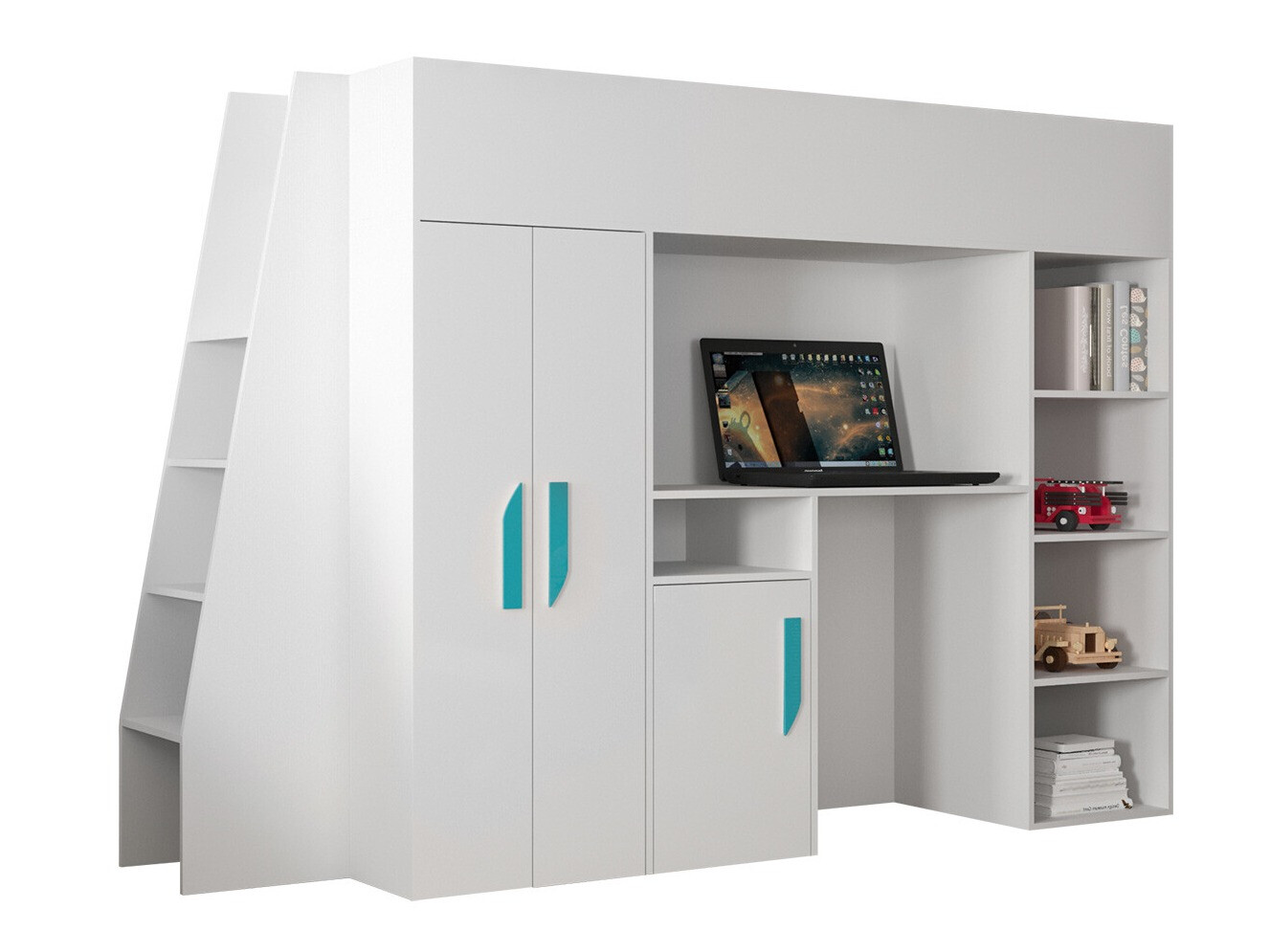 Hoog bed Hartford 355 (Wit + Glanzend wit + Turquoise)