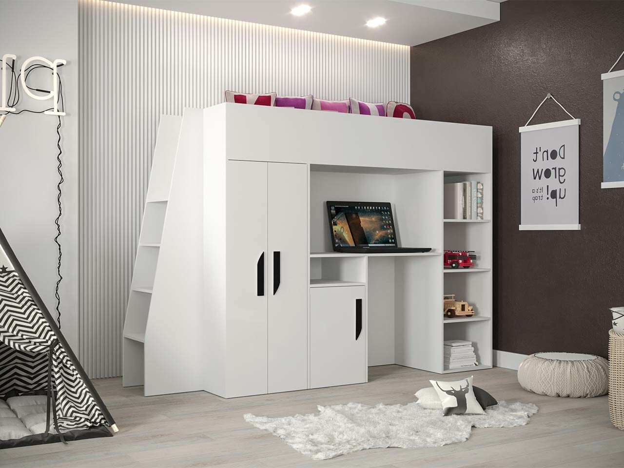 Hoog bed Hartford 355 (Wit + Glanzend wit + Zwart)