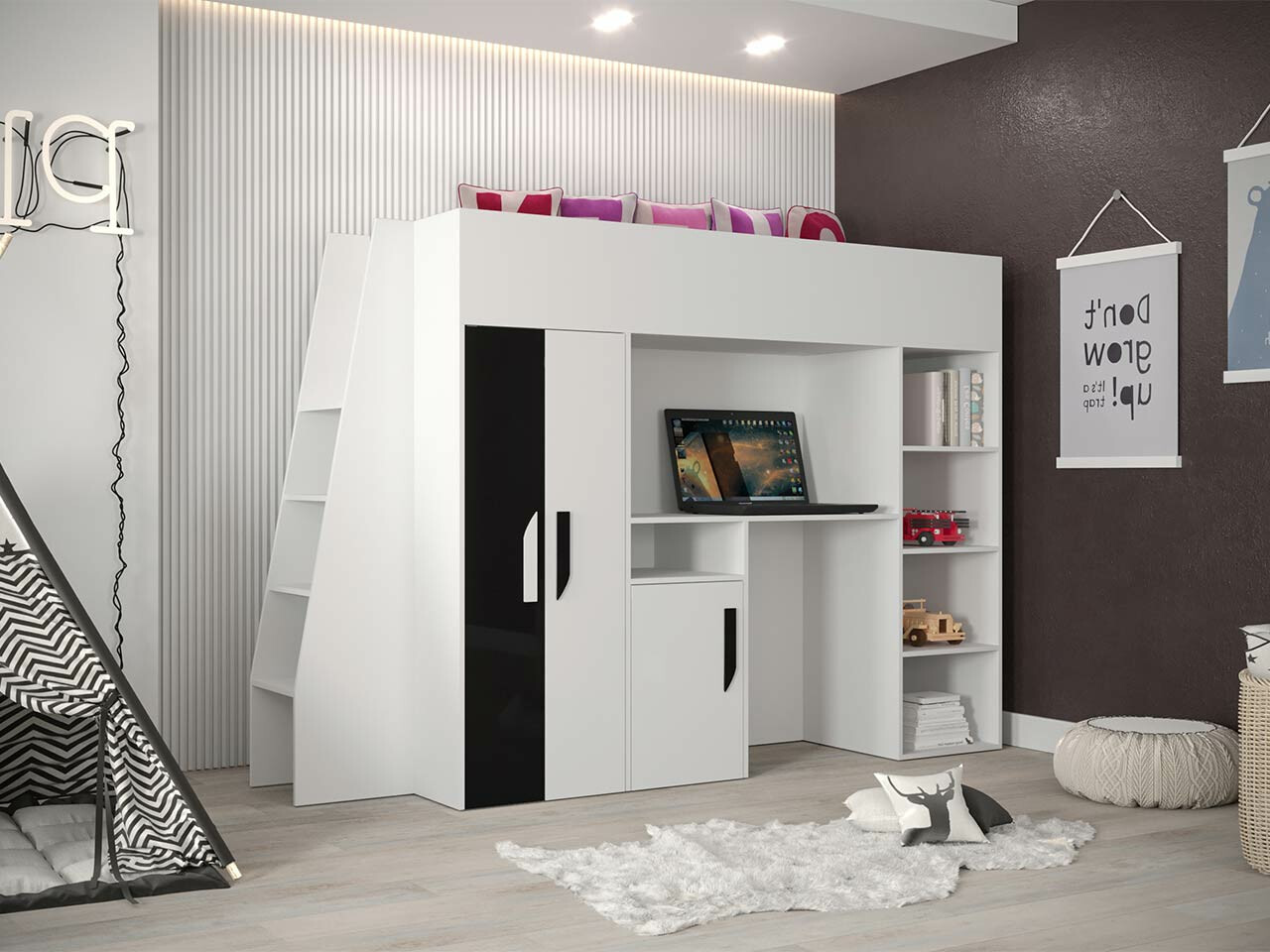 Hoog bed Hartford 355 (Wit + Glanzend zwart + Glanzend wit)