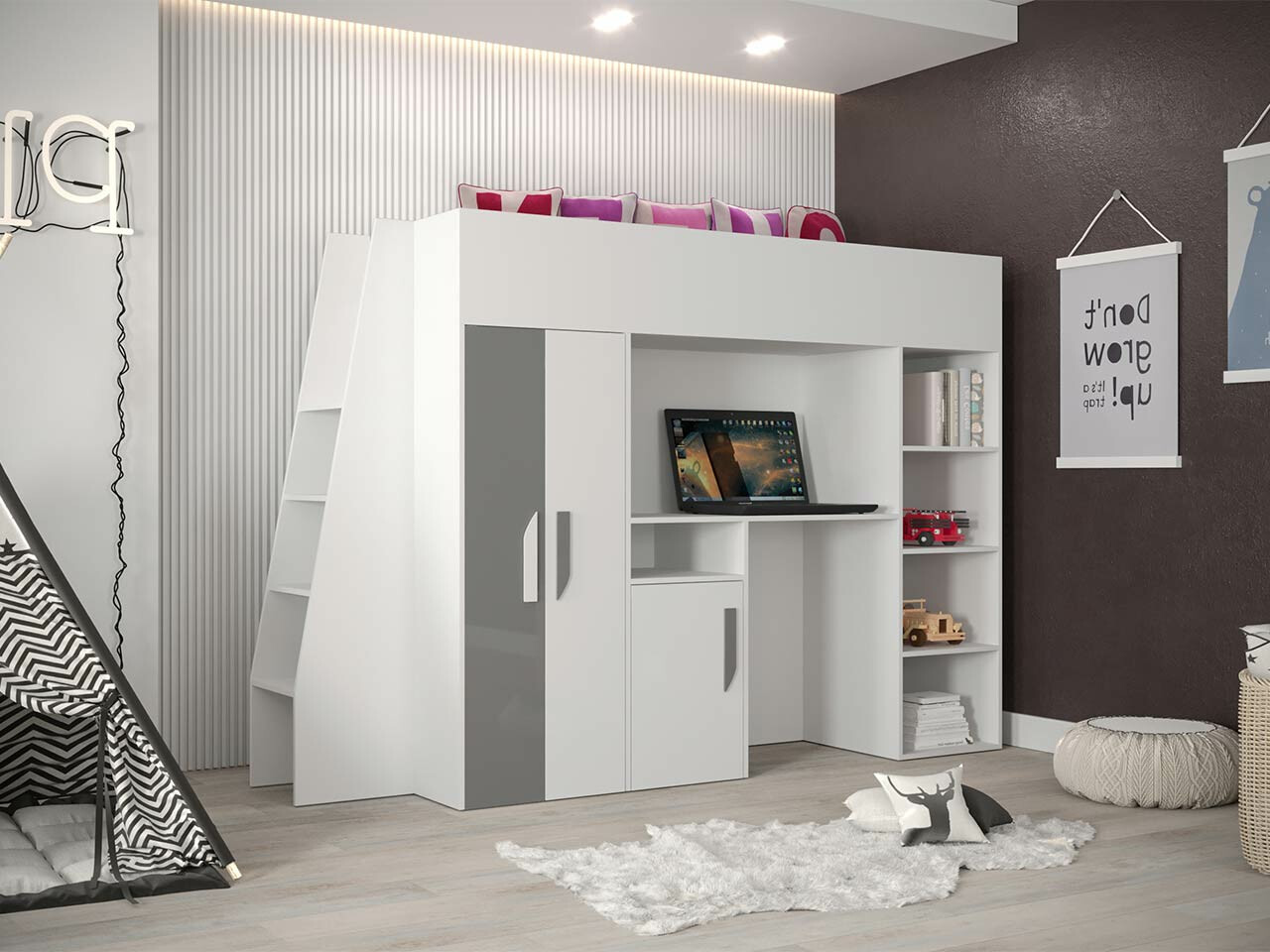 Hoog bed Hartford 355 (Wit + Grijs met glans + Glanzend wit)