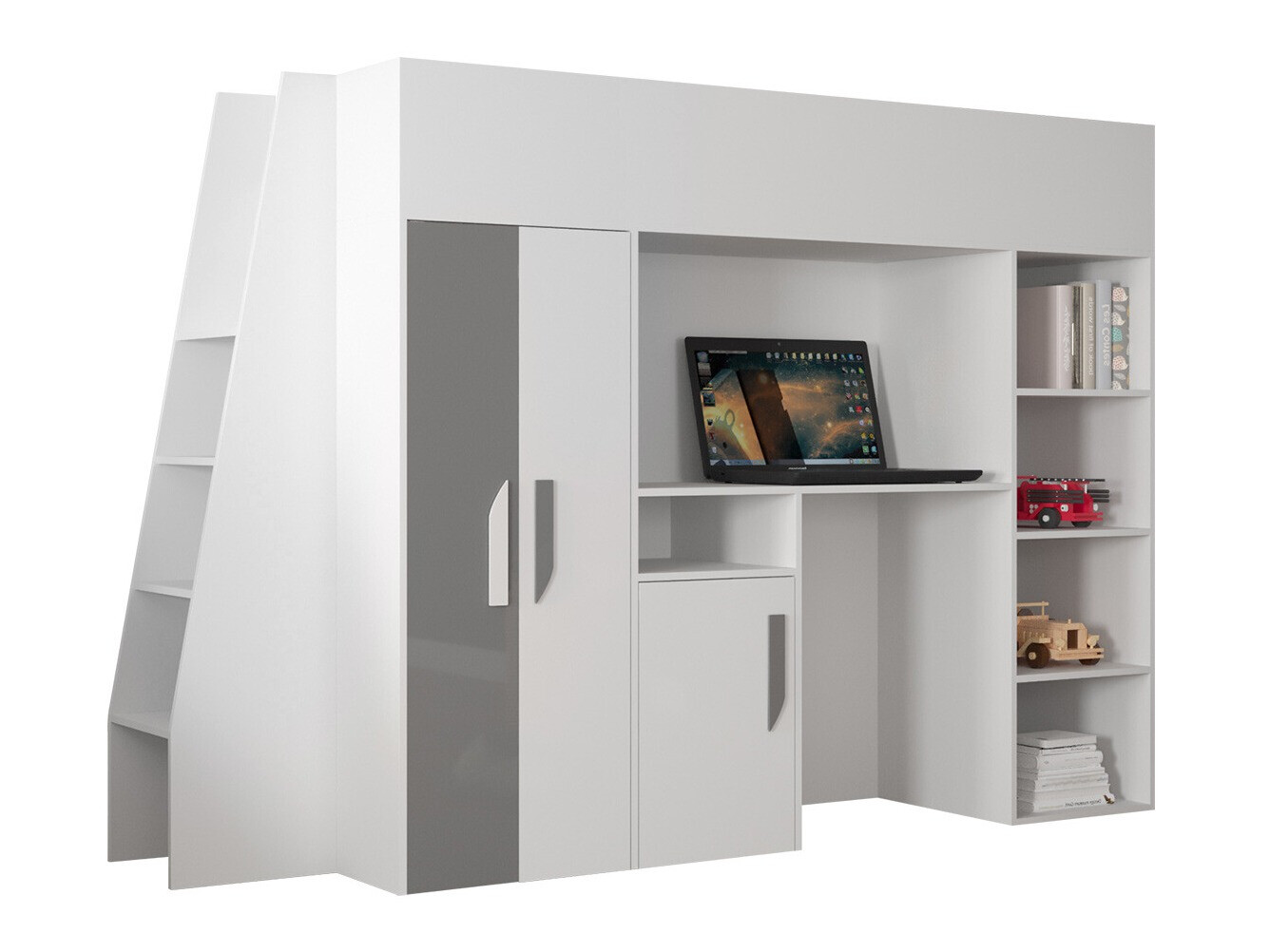 Hoog bed Hartford 355 (Wit + Grijs met glans + Glanzend wit)