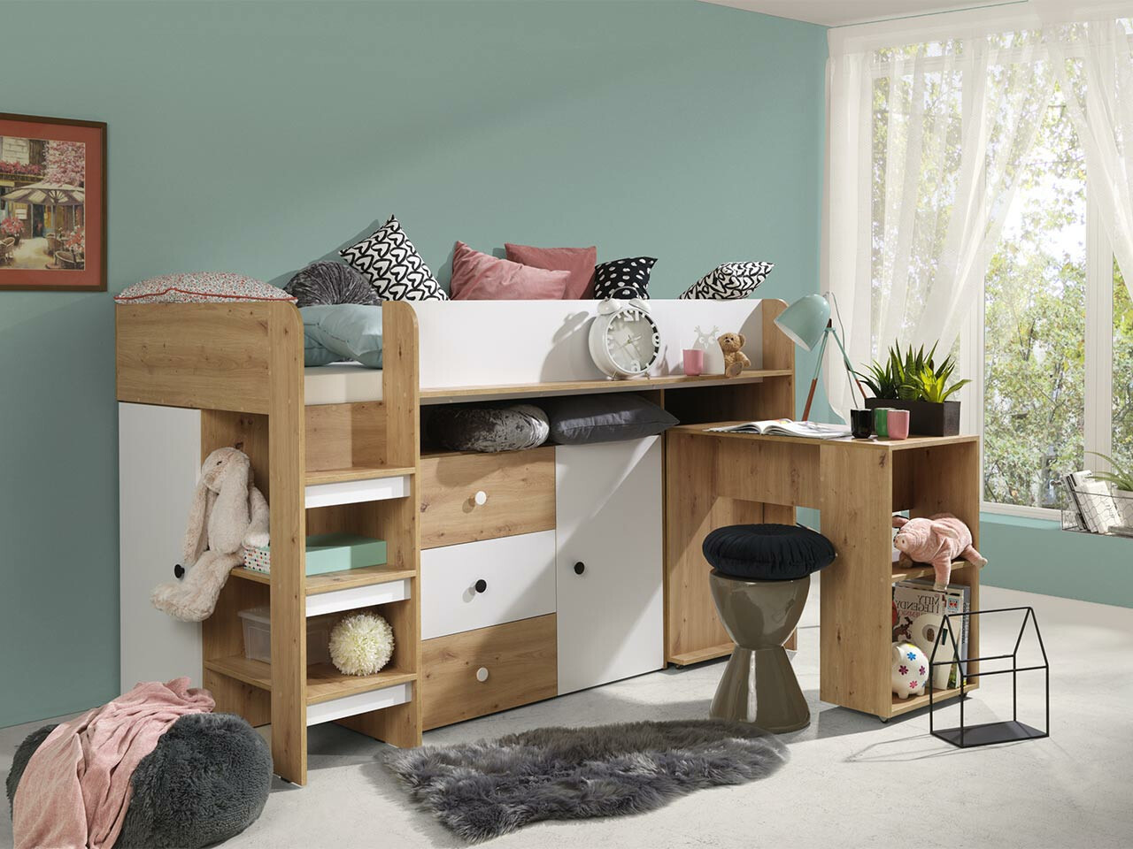 Hoog bed Hartford 359 (Artisan eiken + Wit)