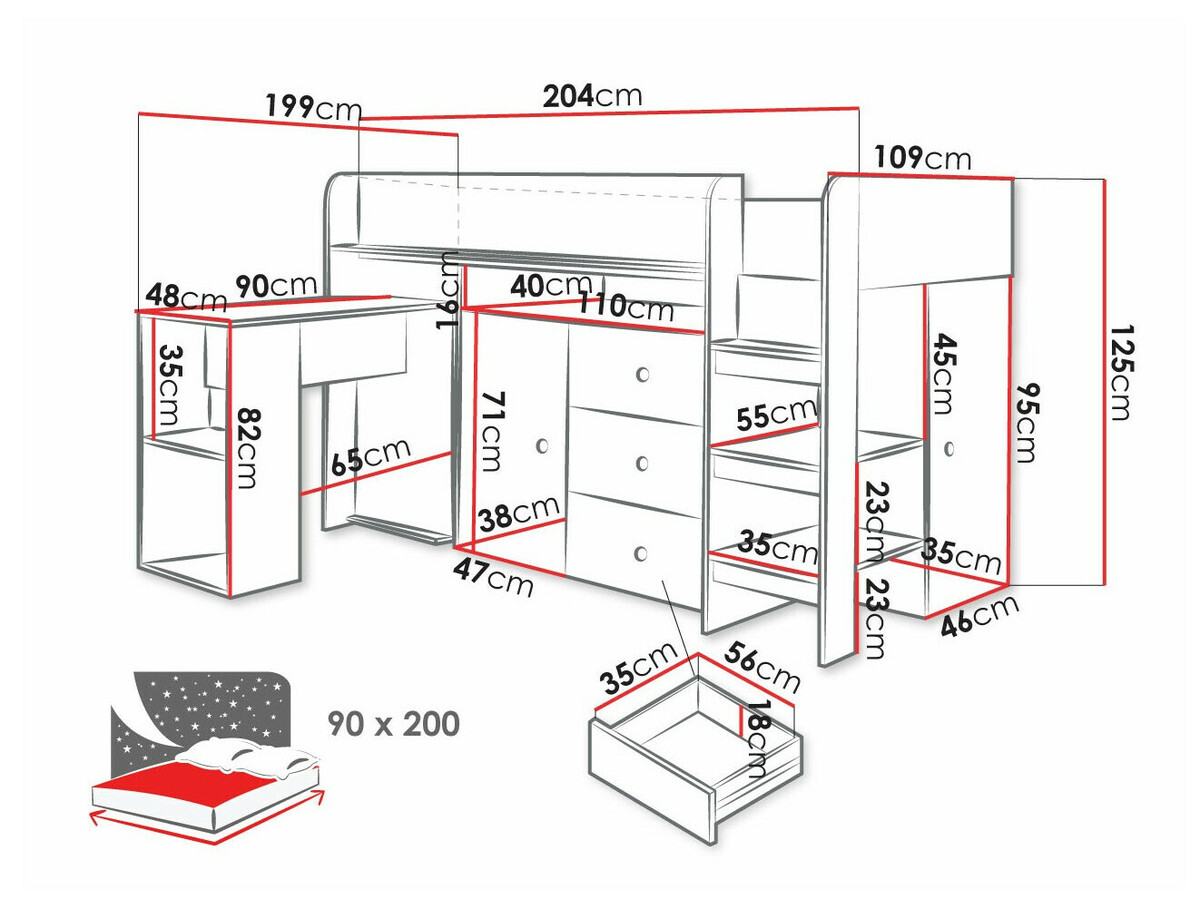 Hoog bed Hartford 359 (Artisan eiken + Wit)
