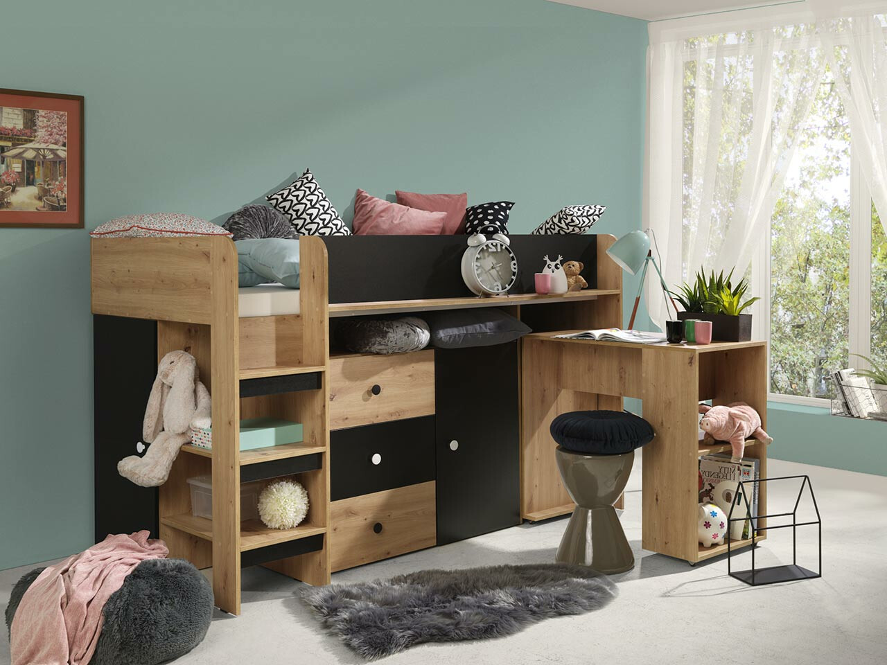 Hoog bed Hartford 359 (Artisan eiken + Zwart)