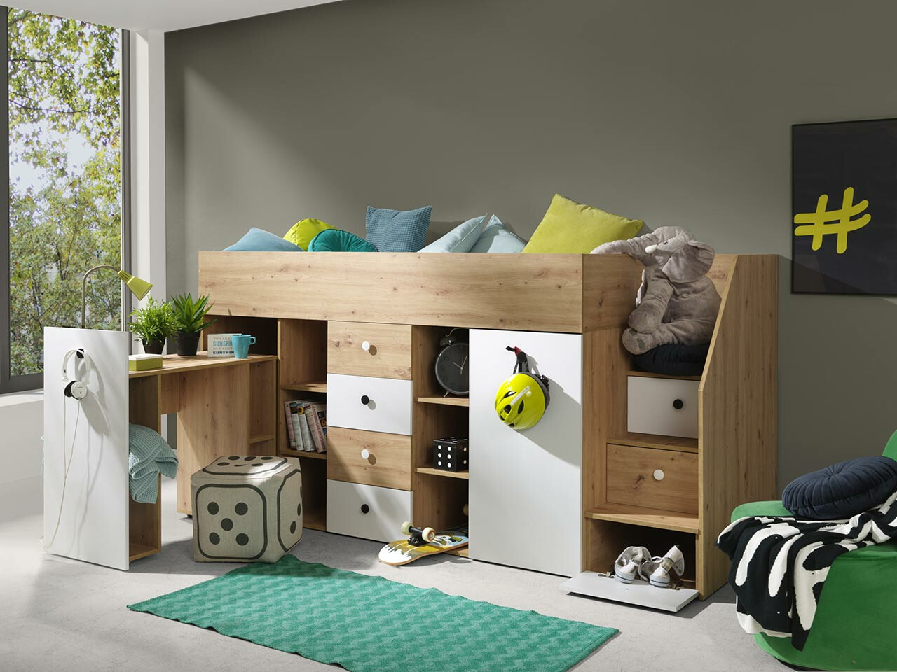 Hoog bed Hartford 361 (Artisan eiken + Wit)