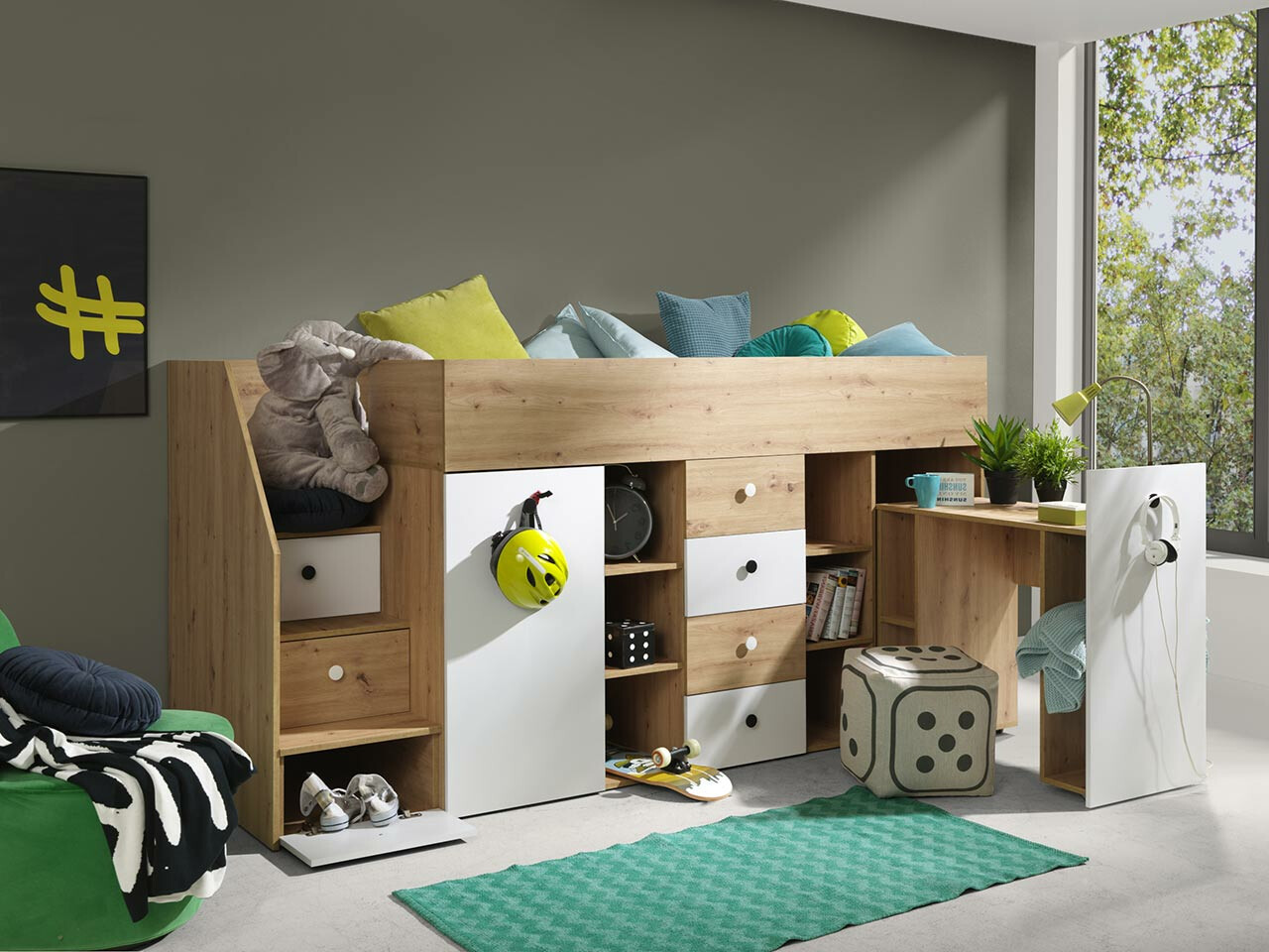 Hoog bed Hartford 361 (Artisan eiken + Wit)