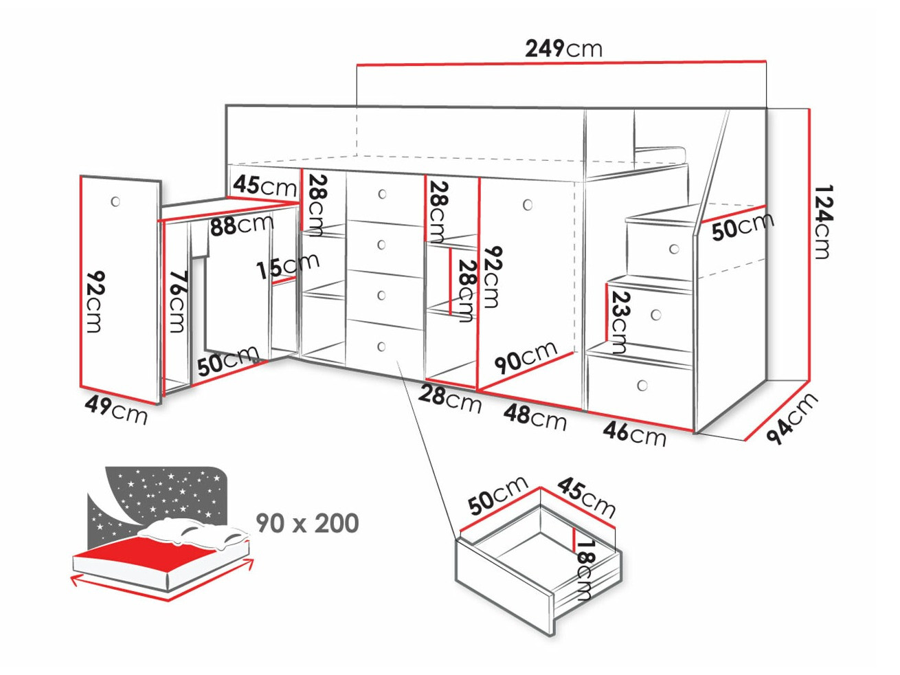 Hoog bed Hartford 361 (Artisan eiken + Zwart)