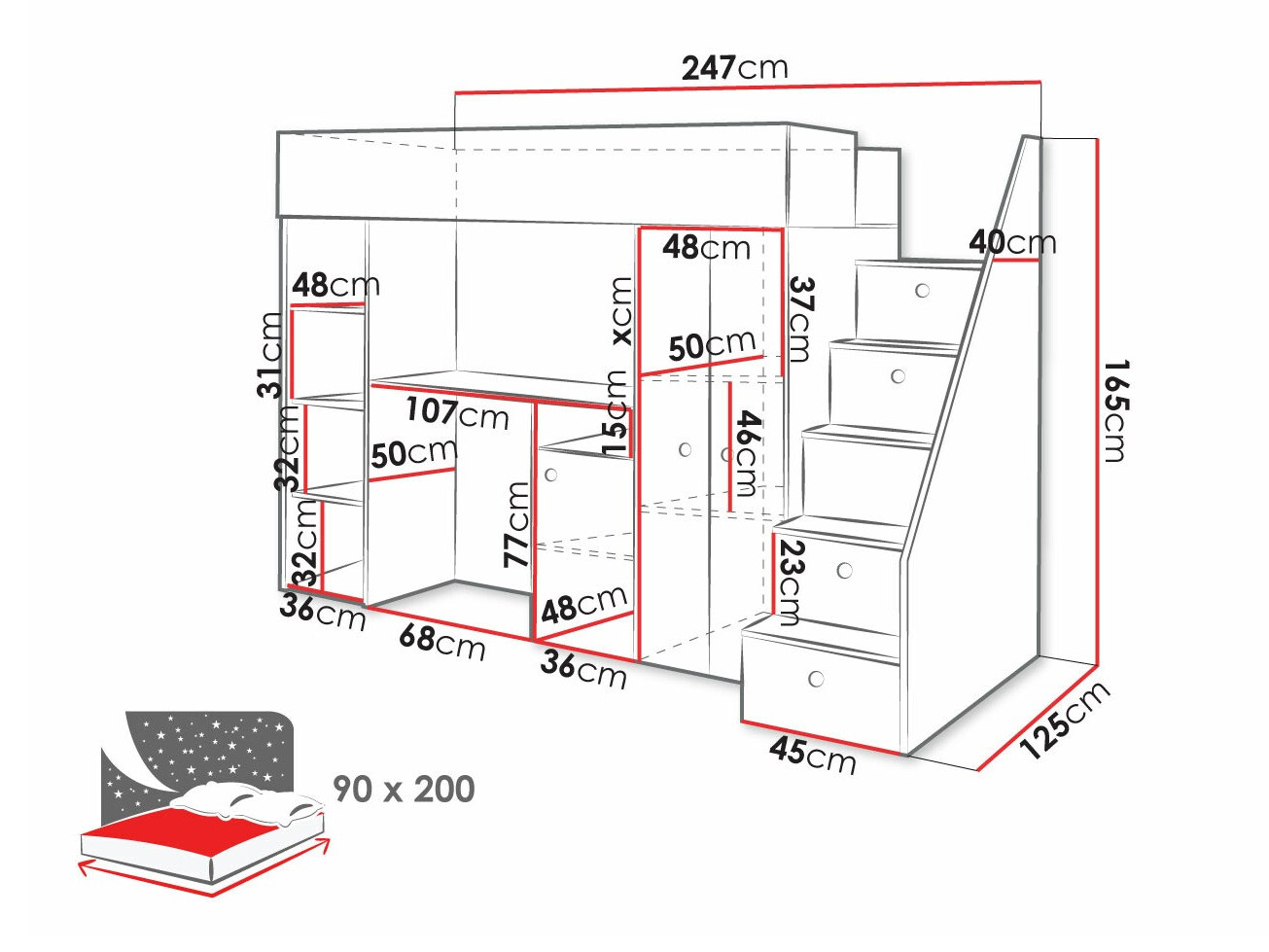 Hoog bed Hartford 362 (Artisan eiken + Zwart)