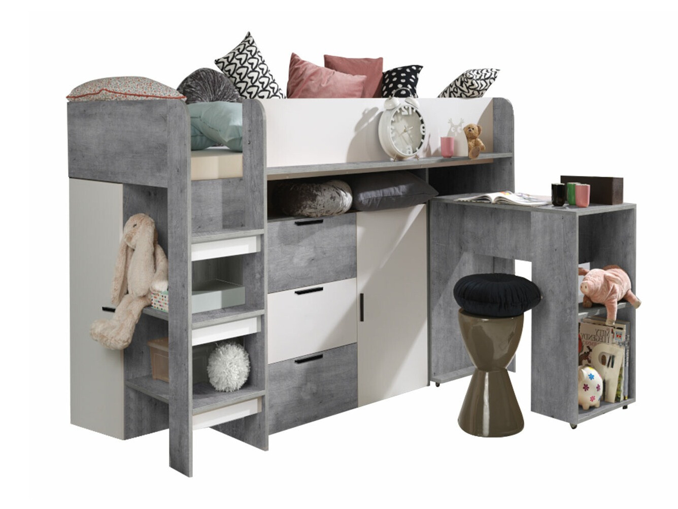 Hoog bed Hartford 363 (Beton + Wit)