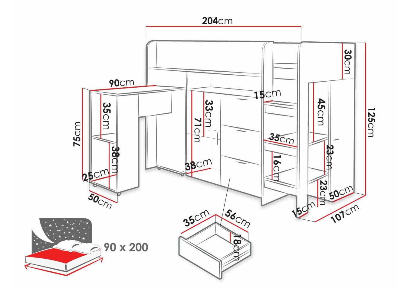Hoog bed Hartford 363 (Beton + Wotan eik)