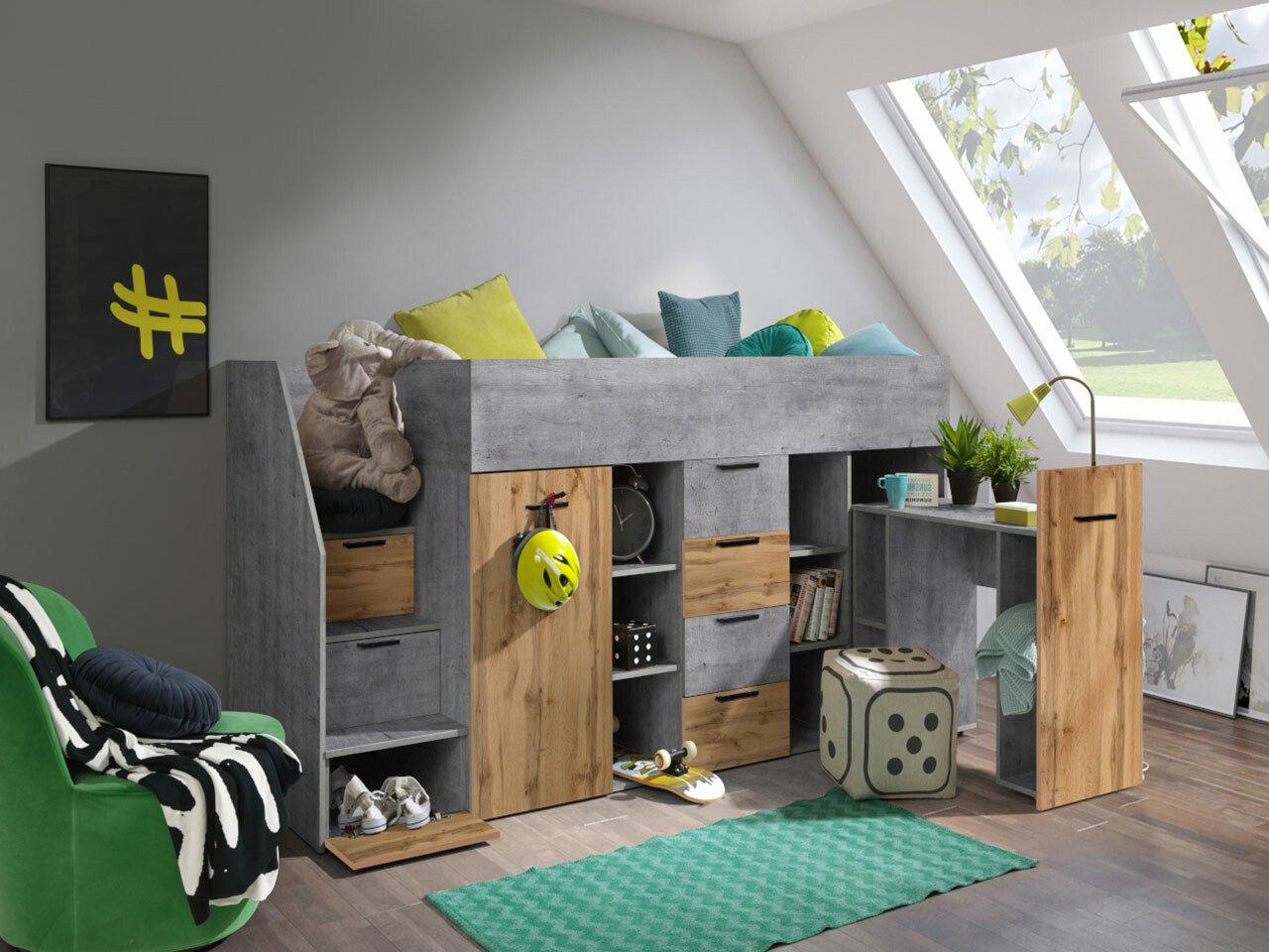 Hoog bed Hartford 364 (Beton + Wotan eik)