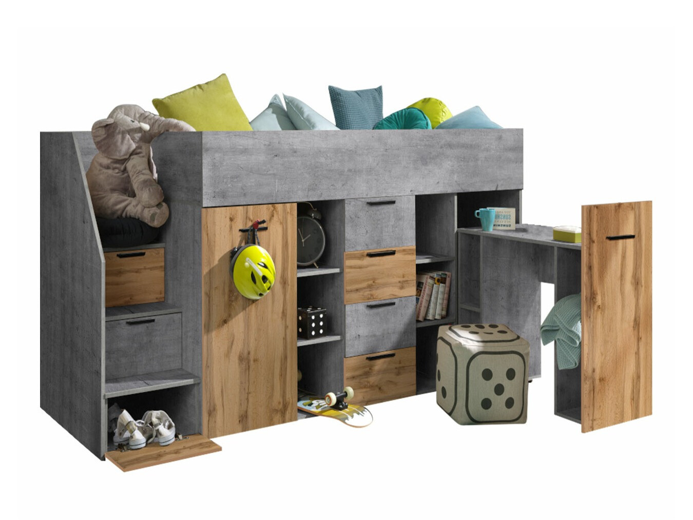 Hoog bed Hartford 364 (Beton + Wotan eik)