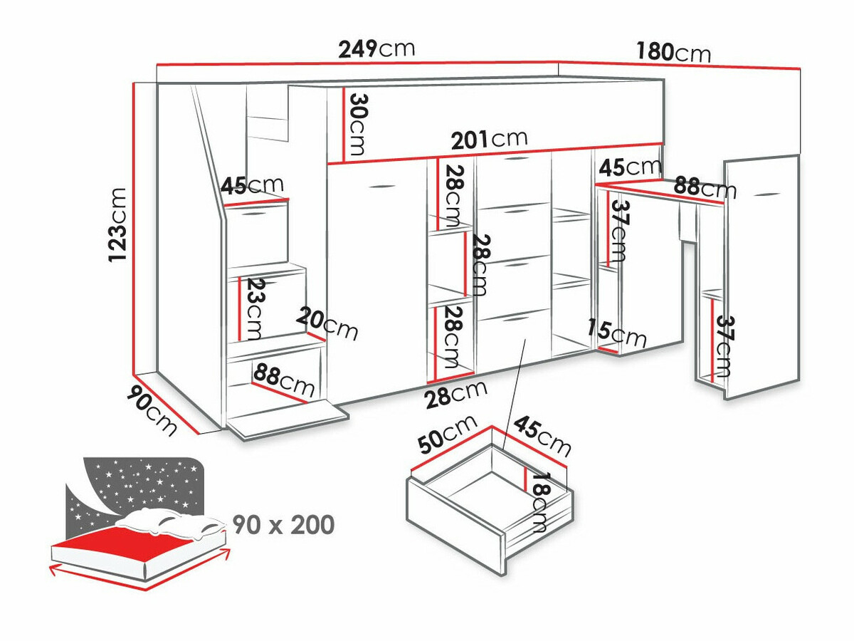 Hoog bed Hartford 364 (Beton + Wotan eik)