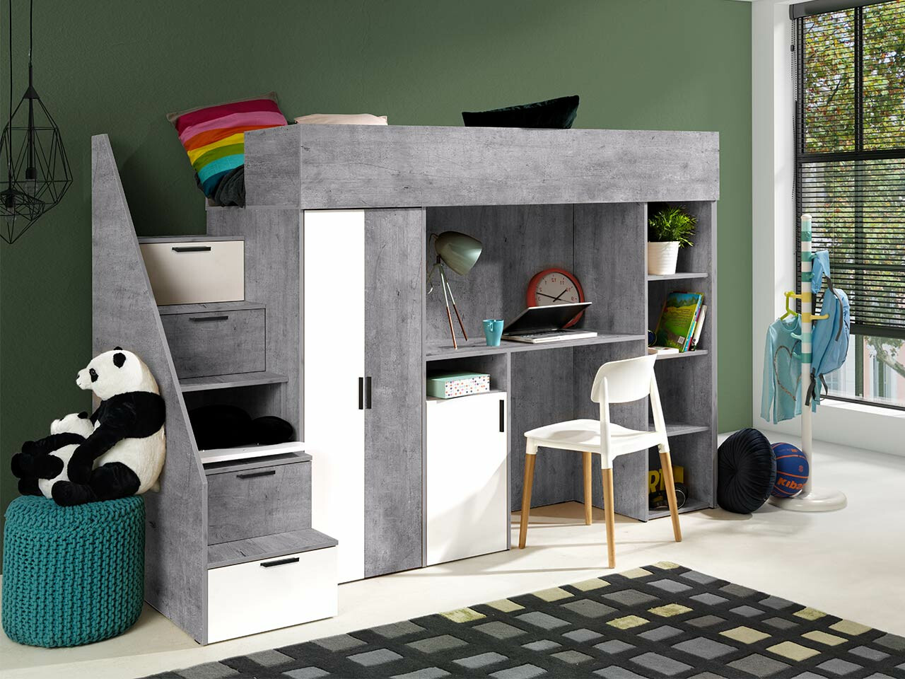 Hoog bed Hartford 365 (Beton + Wit)