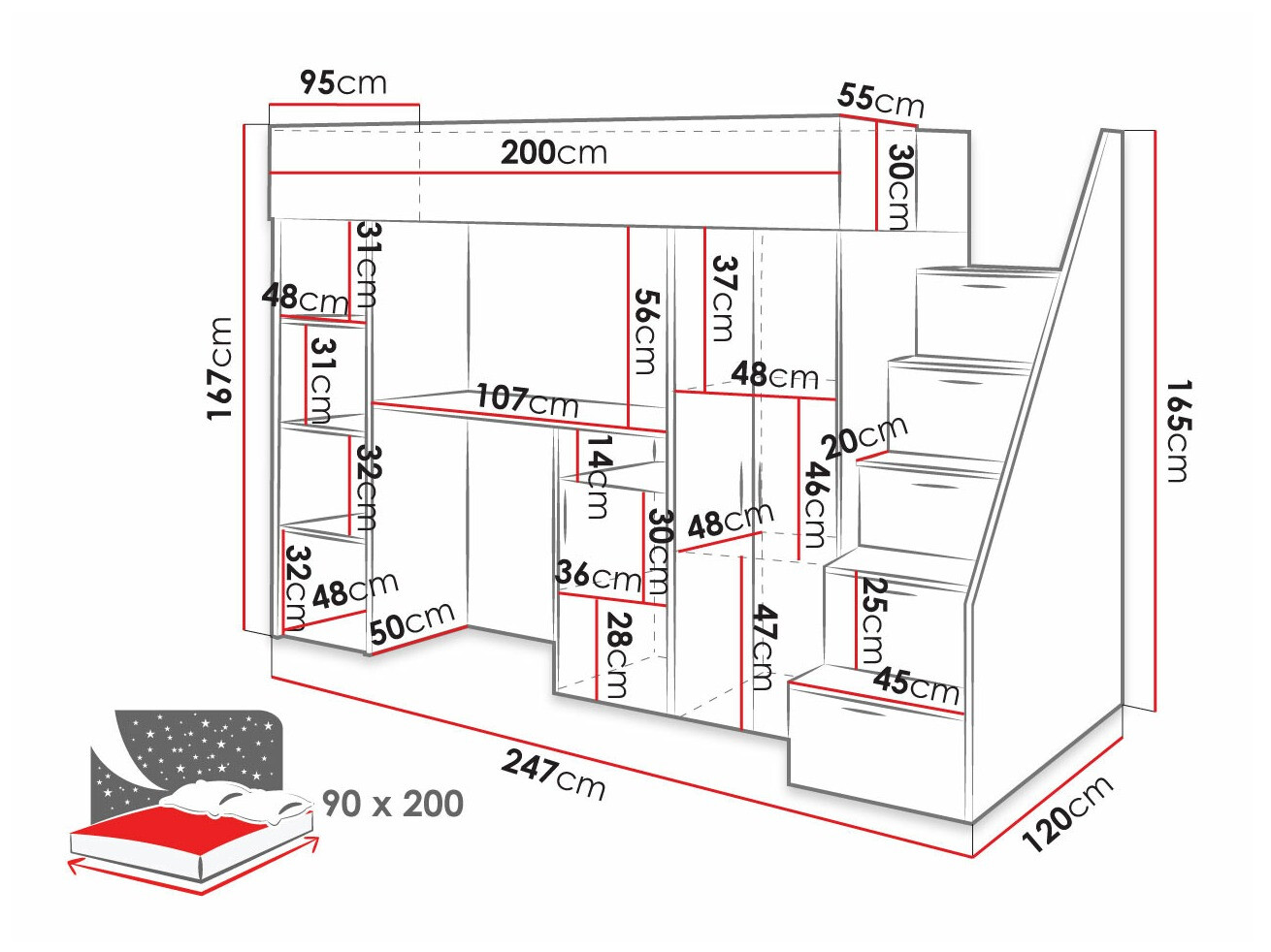 Hoog bed Hartford 365 (Beton + Wit)