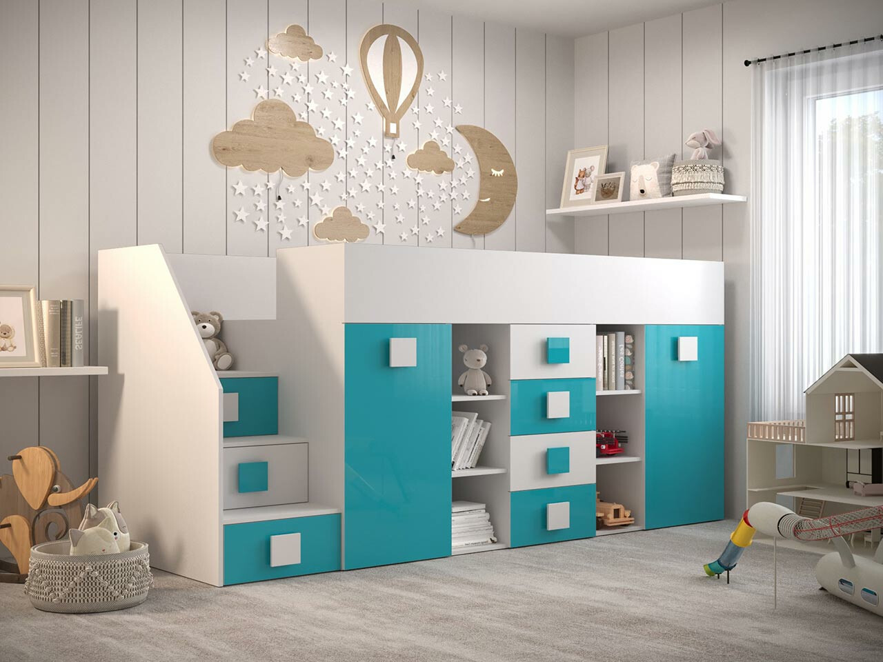 Hoog bed Hartford 366 (Wit + Glans Turquoise + Glanzend wit)