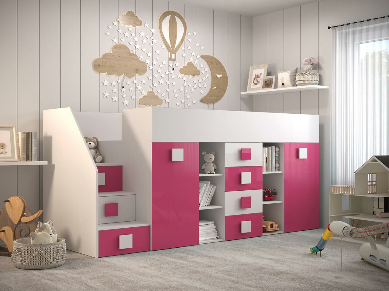 Hoog bed Hartford 366 (Wit + Glanzend roze + Glanzend wit)