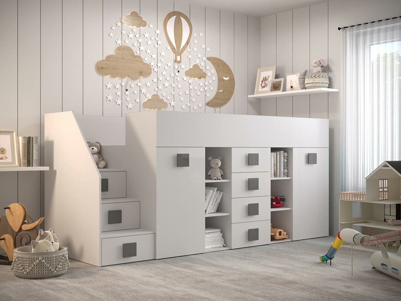 Hoog bed Hartford 366 (Wit + Glanzend wit + Grijs)