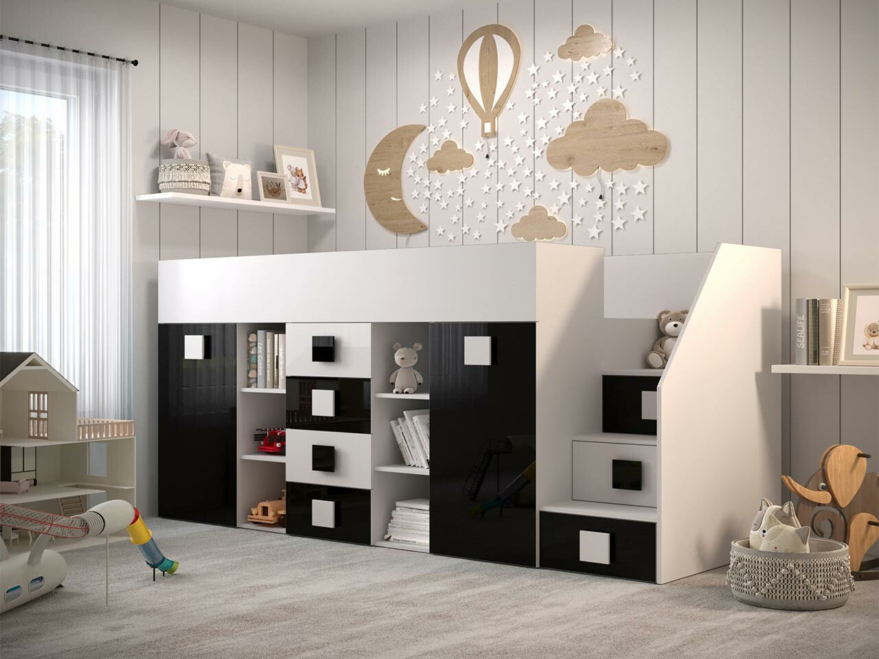 Hoog bed Hartford 366 (Wit + Glanzend zwart + Glanzend wit)