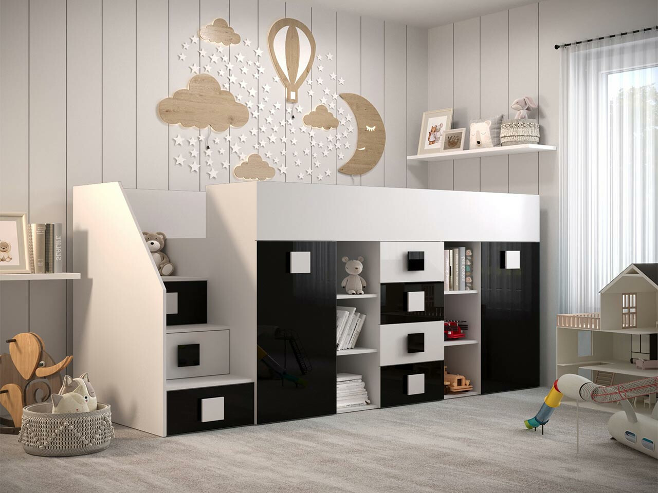 Hoog bed Hartford 366 (Wit + Glanzend zwart + Glanzend wit)