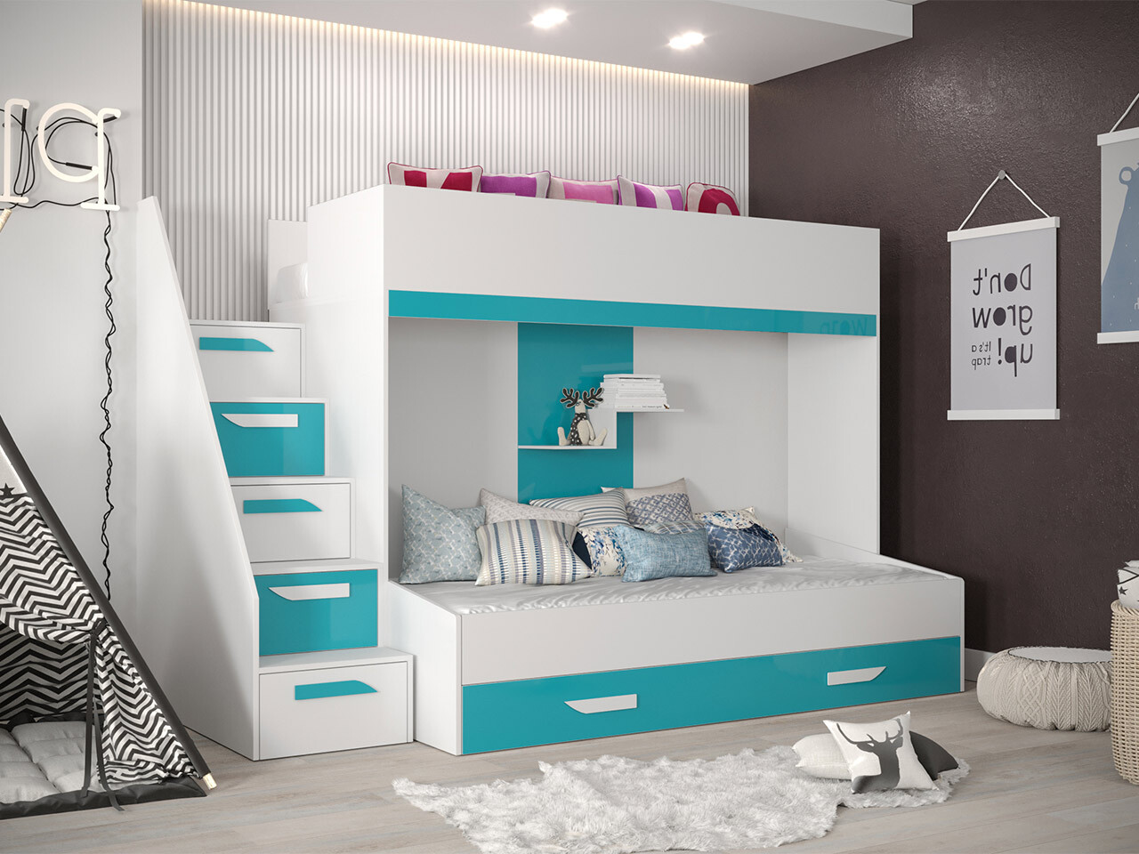 Stapelbed Hartford 356 (Wit + Glans Turquoise + Glanzend wit)