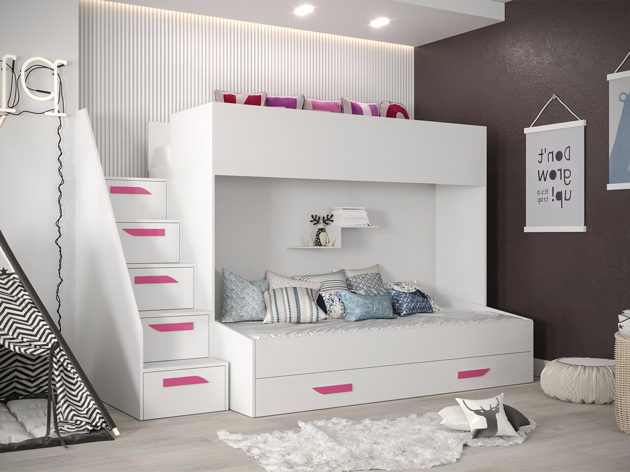 Stapelbed Hartford 356 (Wit + Glanzend wit + Roze)