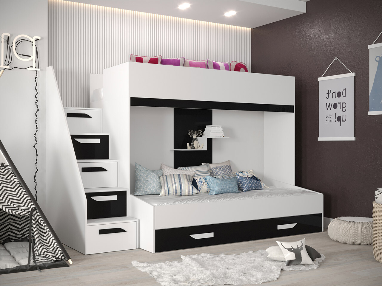 Stapelbed Hartford 356 (Wit + Glanzend zwart + Glanzend wit)