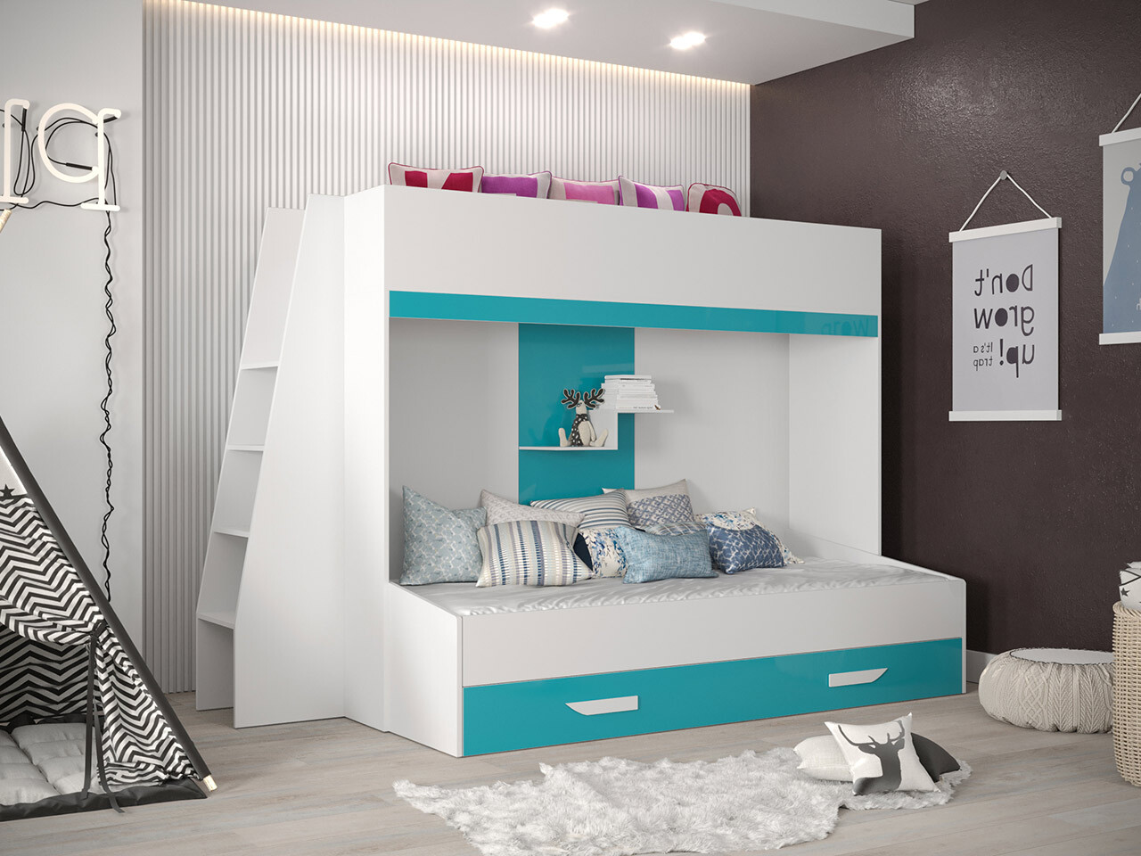 Stapelbed Hartford 357 (Wit + Glans Turquoise + Glanzend wit)