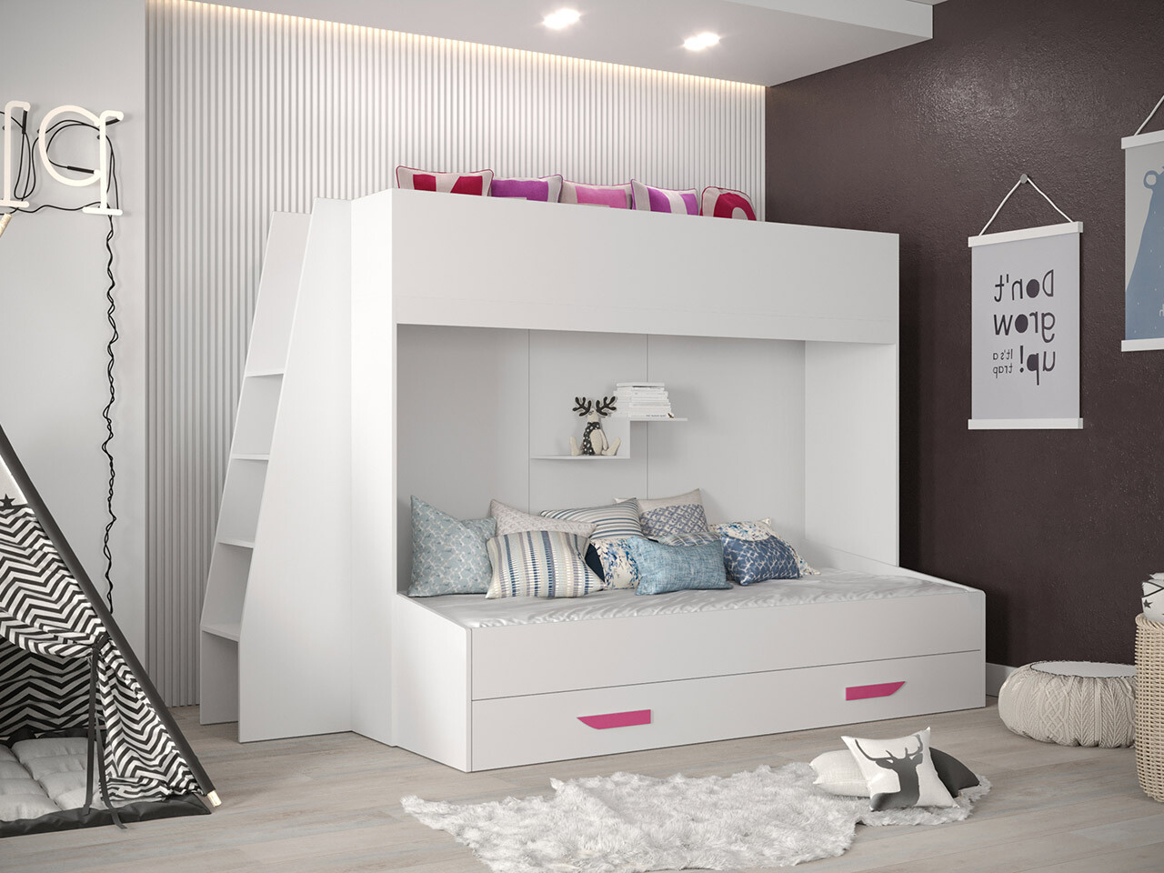 Stapelbed Hartford 357 (Wit + Glanzend wit + Roze)