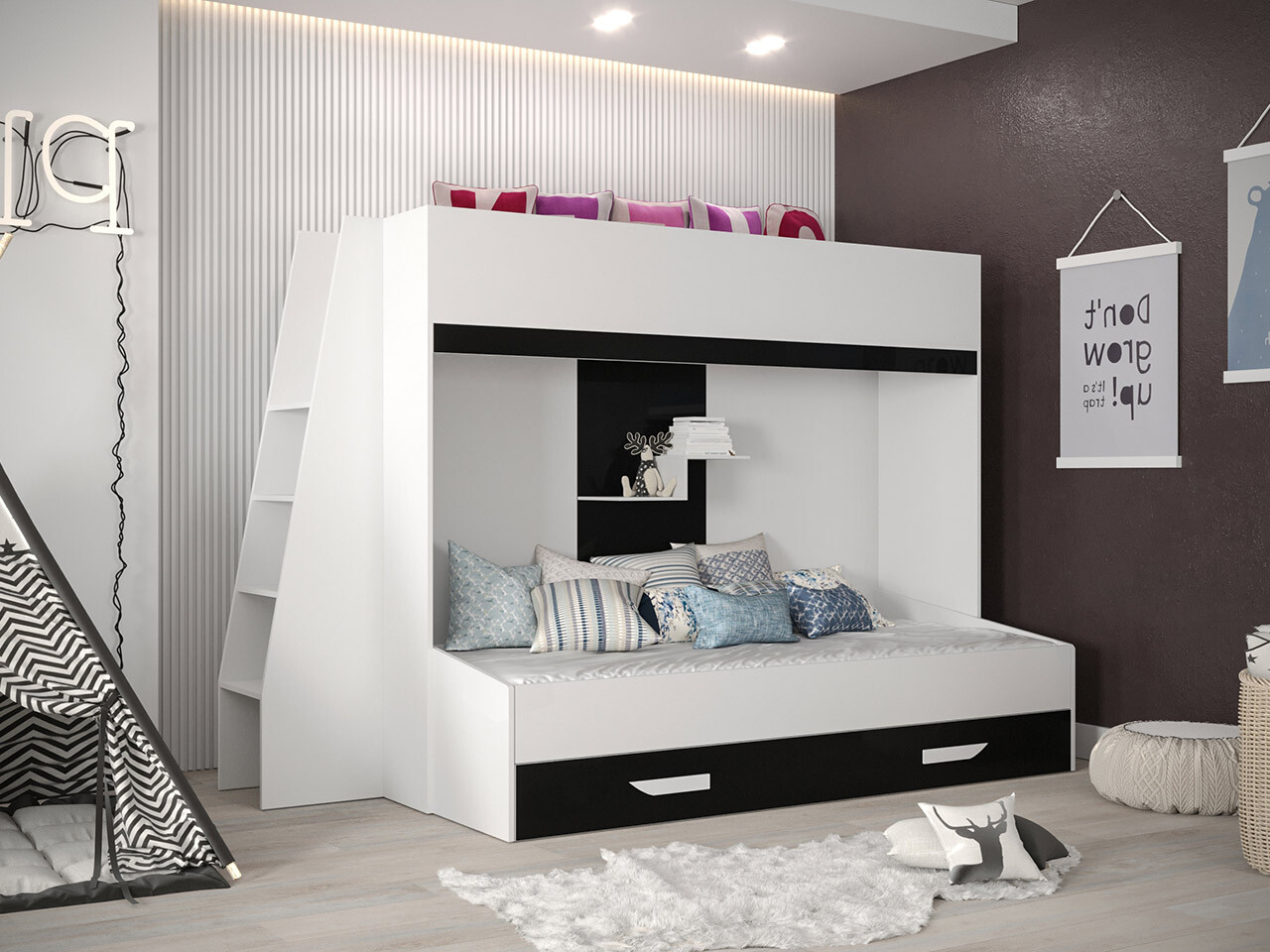 Stapelbed Hartford 357 (Wit + Glanzend zwart + Glanzend wit)