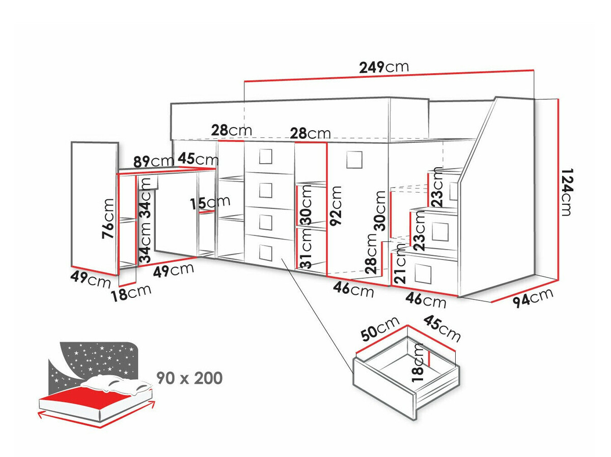 Hoog bed Hartford 366 (Wit + Glanzend wit + Grijs)
