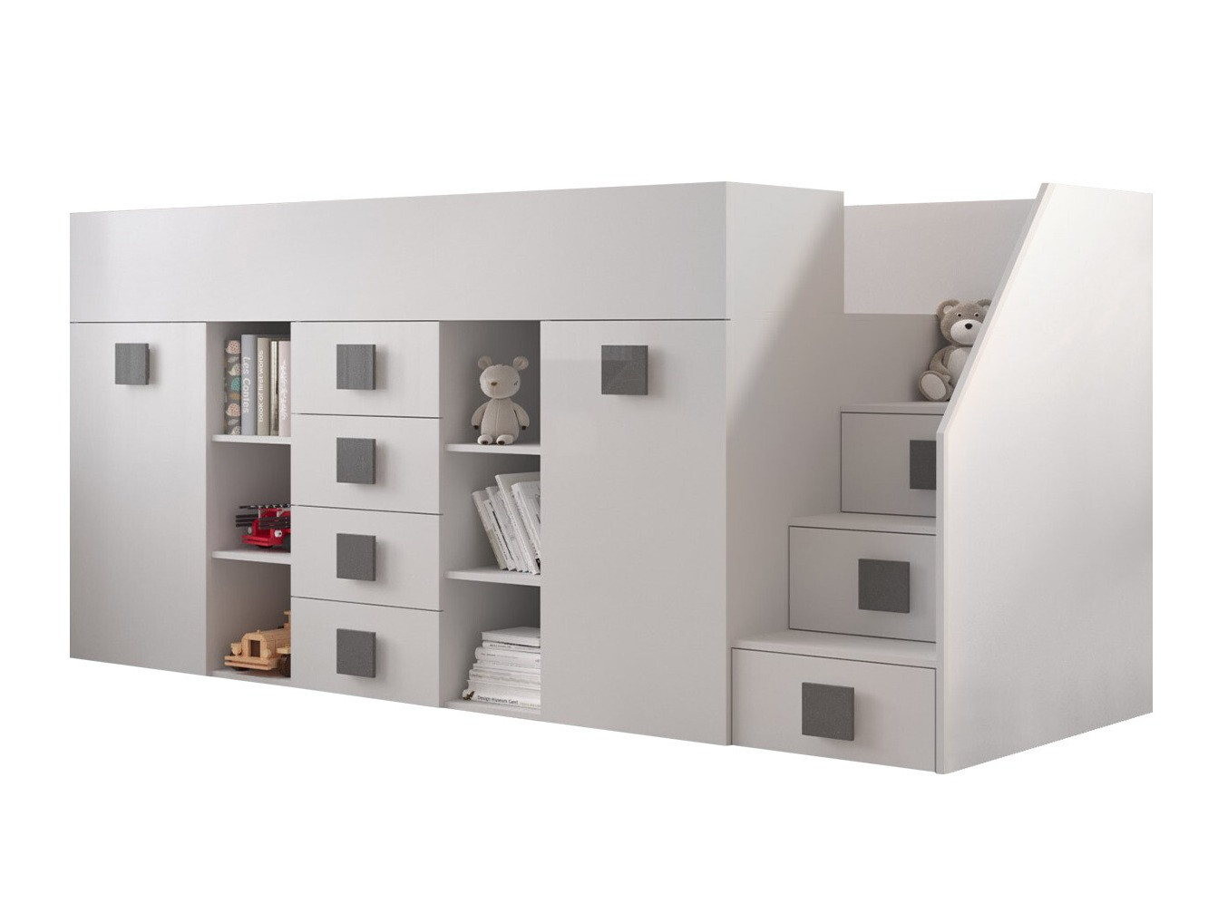 Hoog bed Hartford 366 (Wit + Glanzend wit + Grijs)