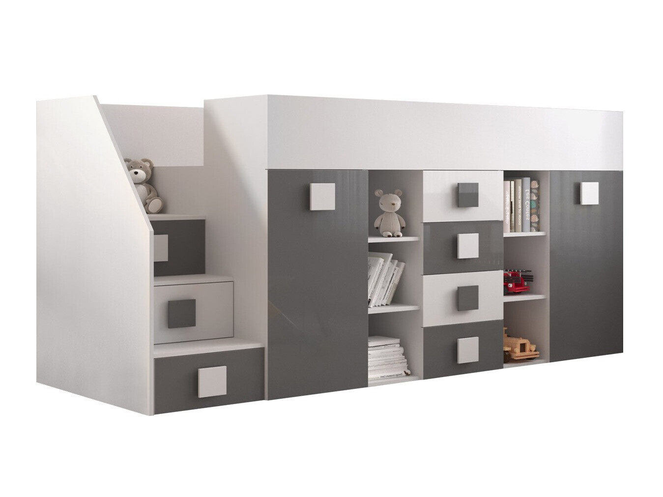 Hoog bed Hartford 366 (Wit + Grijs met glans + Glanzend wit)