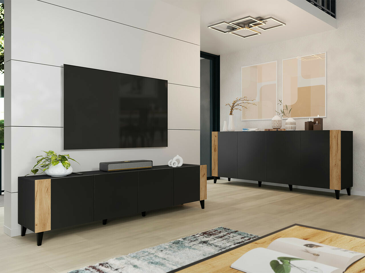 Woonkamerset Charlotte 185 (Zwart + Craft eiken)