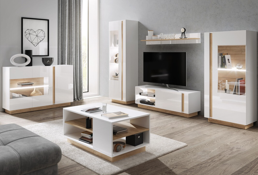 Dressoir Novbela 105 (Wit + Glanzend wit + Kleinzoon eik)