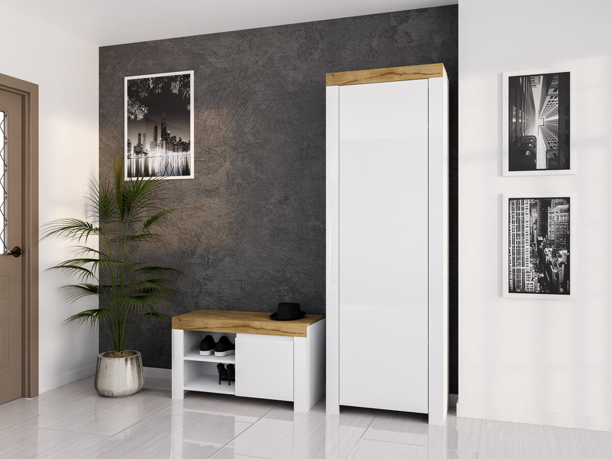 Kledingkast Sonsoru 117 (Wit + Glanzend wit + Wotan eik)